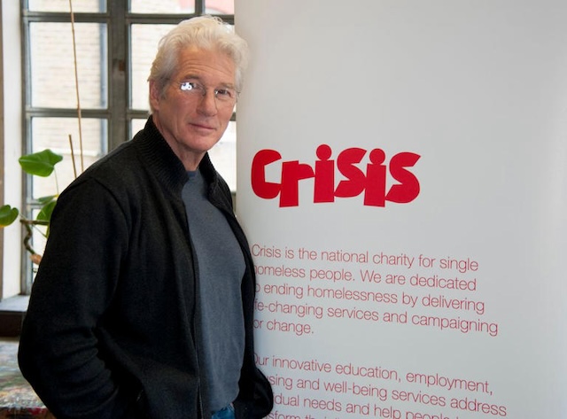 Gere at a charity event, supporting "Crisis," an organization dedicated to helping homeless people, demonstrating his activism beyond acting