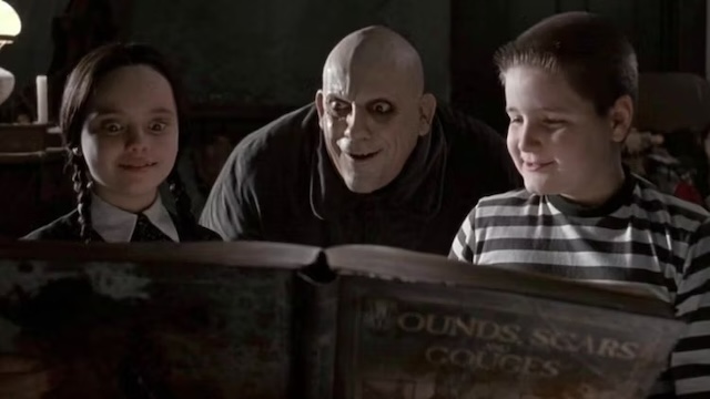 A memorable scene featuring Wednesday, Uncle Fester, and Pugsley from the original 1991 movie, evoking classic Addams humor