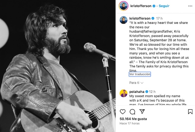 An Instagram post from Kris Kristofferson’s family, sharing the heartbreaking news of his passing and requesting privacy as they mourn