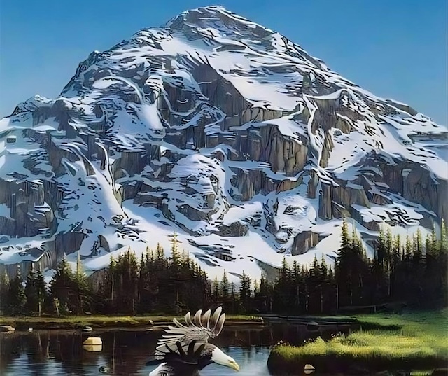 Can you find the hidden eagle among the snowy mountain peaks? Take a closer look!