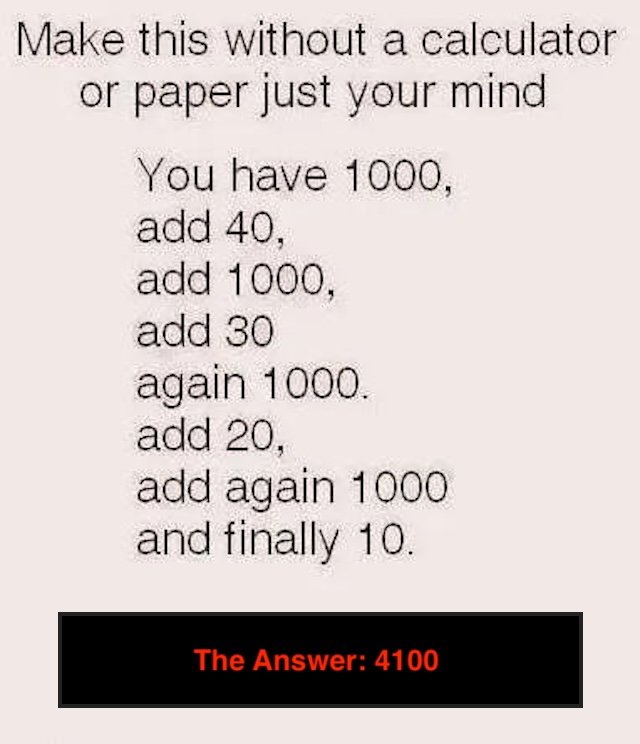 The answer is 4100! Were you able to get it right? Test your mental math skills with more puzzles like this!