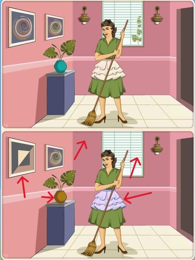 Did you notice the five differences? Look at the changes in the plant, the paintings, her apron, and the window in the second image for the correct answers.