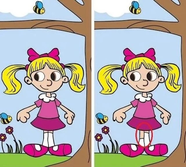 Answer: The socks on the girl are different! Did you catch that small detail? Keep practicing for even sharper skills!