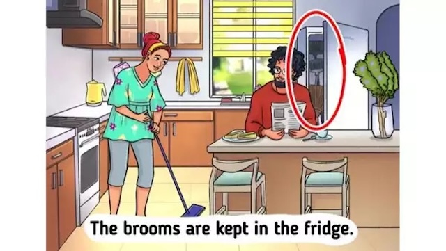 Did you catch it? The brooms are kept in the fridge! A detail easy to miss unless you're paying close attention