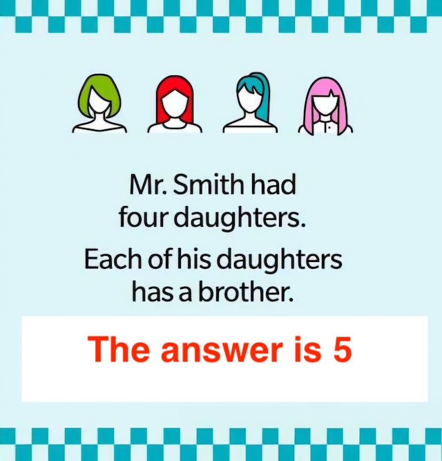 The answer is five! Each daughter shares the same brother, making Mr. Smith the father of five children