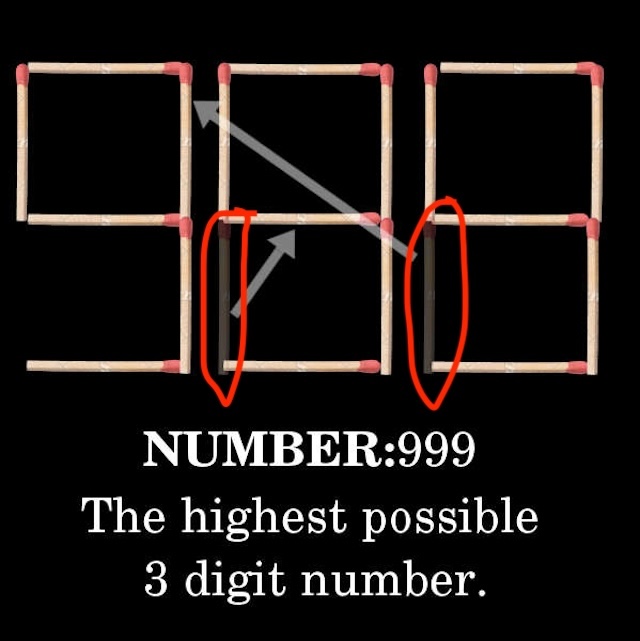 Answer revealed! Moving two matches in 508 turns it into 999 – the largest possible three-digit number. Were you able to figure it out?