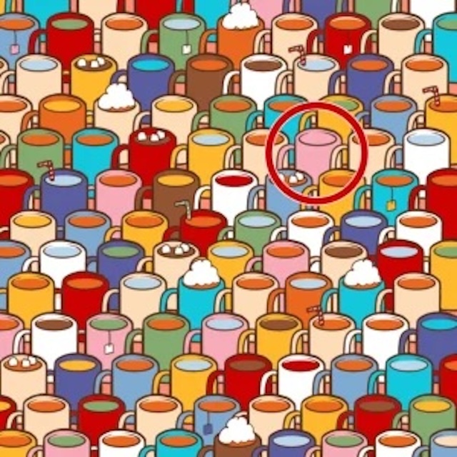 Here’s the answer! The empty cup is the pink one in the upper middle area. Did you spot it without peeking?