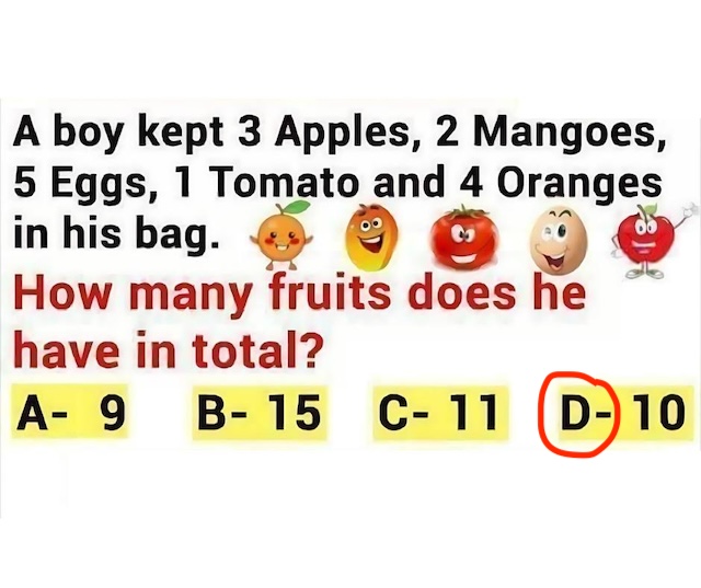 And the answer is... D: 10! Did you get it right? Eggs don't count as fruits!