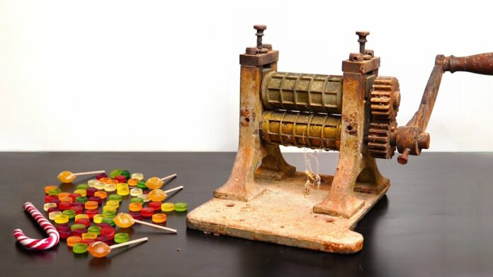 A closer look at the 1871 candy drop roller in its original state, covered in rust but still holding the potential to create perfectly shaped candies.