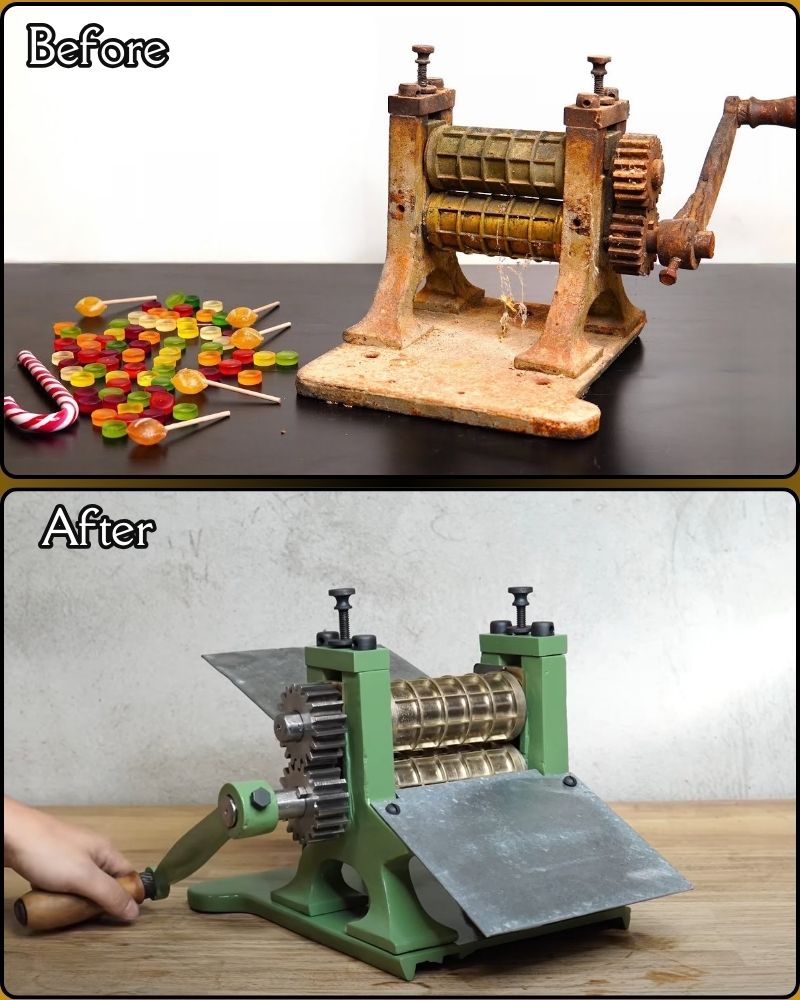 The 1871 candy drop roller before and after restoration. From a rusted, forgotten relic to a fully functioning candy-making machine, its transformation is nothing short of remarkable.