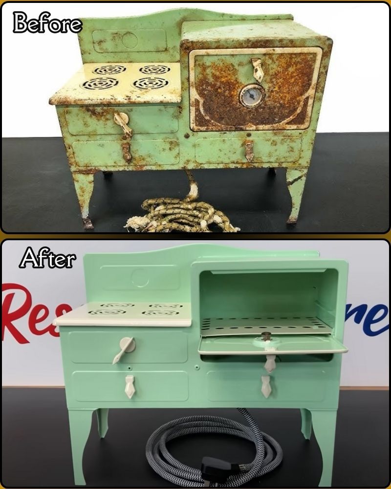 A remarkable transformation of the 1930s Empire Metalware electric toy stove, from a rusted and worn antique to a beautifully restored piece of history, complete with working components.