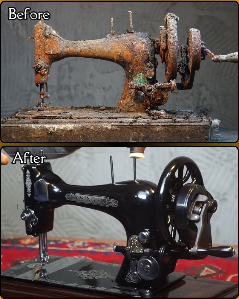 The Singer sewing machine undergoes an incredible restoration, revealing its former glory after years of rust and damage. A testament to durability and craftsmanship.