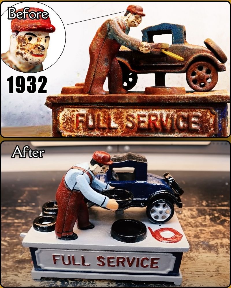 A stunning transformation of the 1932 J.E. Stevens cast iron Full Service Car coin bank, restored from a rusted relic to its vibrant original state