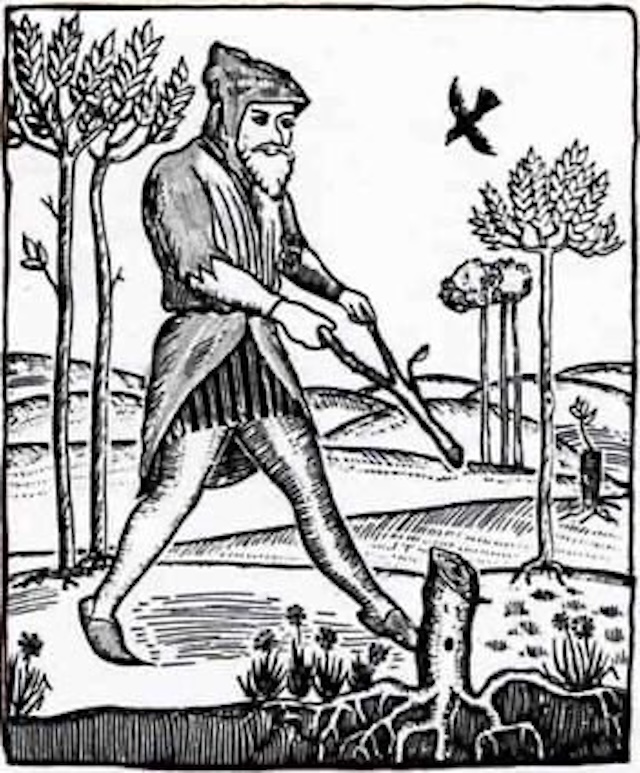 An early illustration of a dowser in action, demonstrating the ancient art of water divination with a forked branch, a practice steeped in mystery and folklore