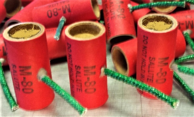 A close-up of the infamous M-80 firecrackers. Once widely used and known for their explosive power, these are now a rare sight