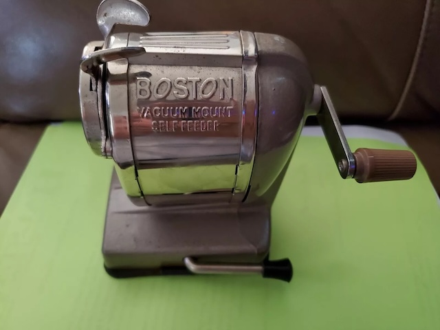 A true relic of the past, this Boston Self Feeder pencil sharpener kept pencils razor-sharp for classrooms and home offices