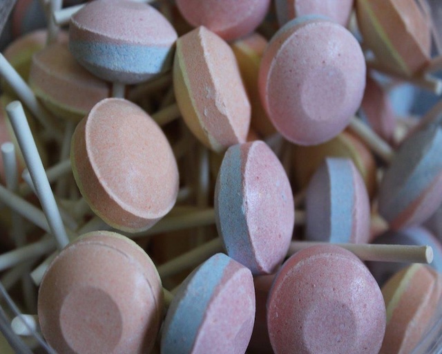 A close-up of the classic Sweet Tart Double Lollies, reminding us how they were always a hit at parties and playdates