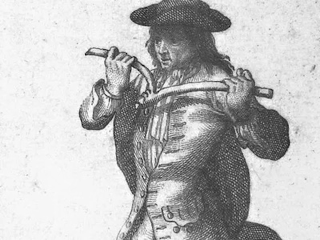 A 17th-century depiction of a dowser holding a rod, embodying the historical allure and mystique associated with dowsing techniques