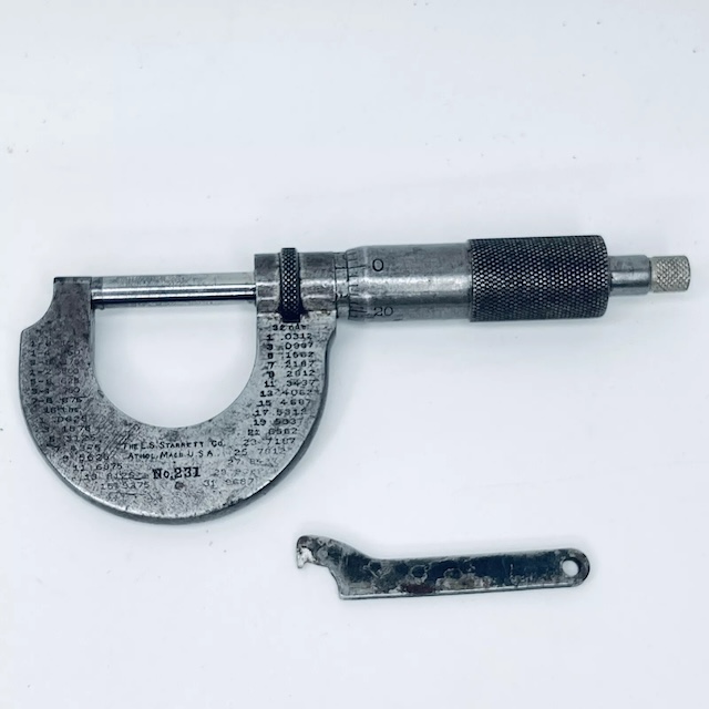 A well-preserved micrometer from the L.S. Starrett Company, a name synonymous with precision measurement tools in American industry