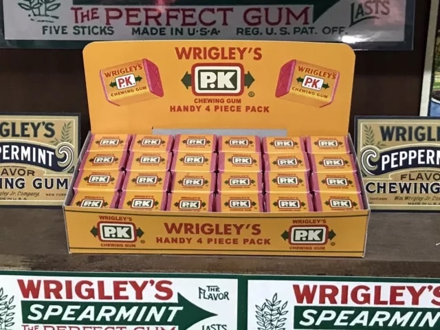 The original counter display box of Wrigley's P.K. Peppermint Chewing Gum, making it a must-have for quick purchases