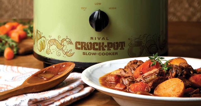 This vintage Crock-Pot slow cooker simmering a delicious meal, a comforting reminder of family dinners made with care