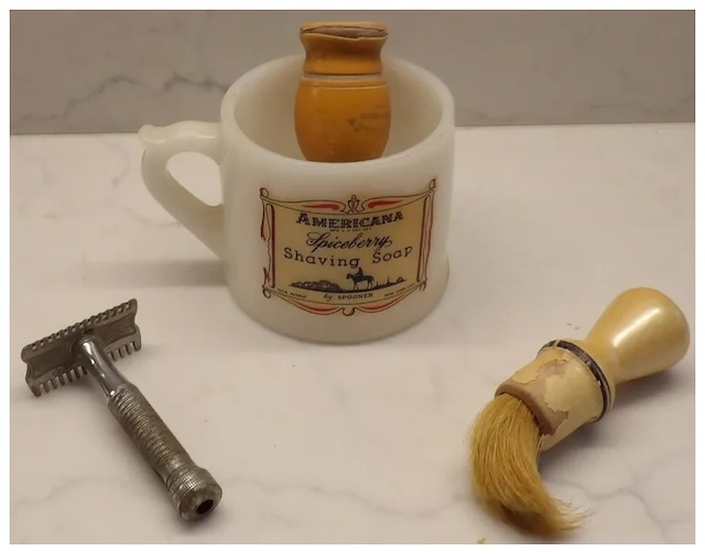 A pristine vintage shaving set featuring the essentials for a perfect shave – from the soft bristles of the brush to the timeless Old Spice mug