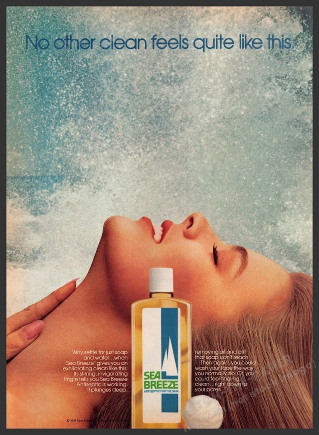 A classic Sea Breeze bottle with the original packaging, bringing back memories of its place on bathroom shelves