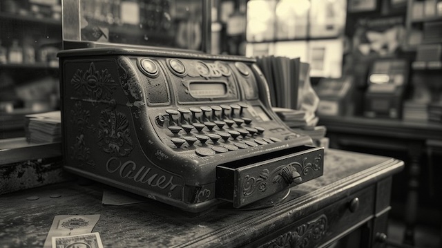 A classic piece from the early days of commerce, this vintage mechanical cash register adds a touch of nostalgia and reminds us of the tactile satisfaction of pushing those buttons