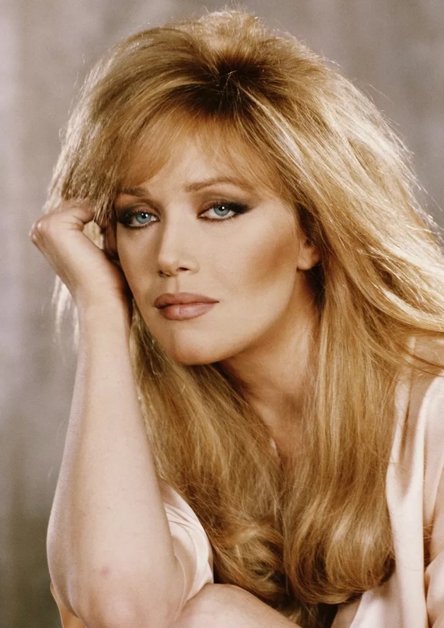 A classic portrait of Tanya Roberts, exuding poise and sophistication with her striking gaze and voluminous hair