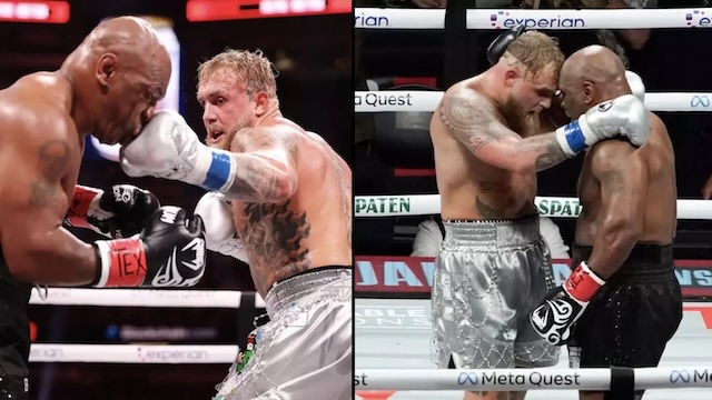 A dramatic moment from the fight as Jake Paul and Mike Tyson show mutual respect inside the ring