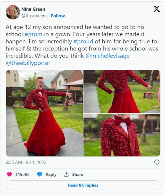 A tweet from Nina Green showcasing her pride in Korben's choice of prom outfit, with photos that captured the stunning moment