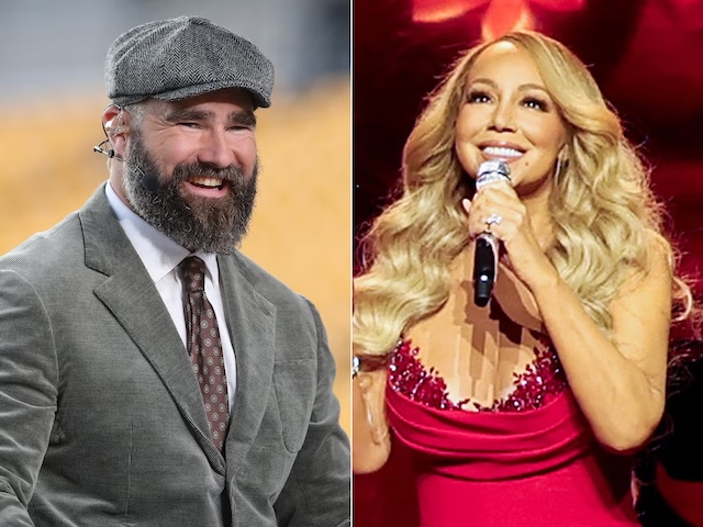 Mariah Carey, in her iconic red gown, continues to dominate holiday music as the "Queen of Christmas" — but Jason Kelce's festive new single is making waves