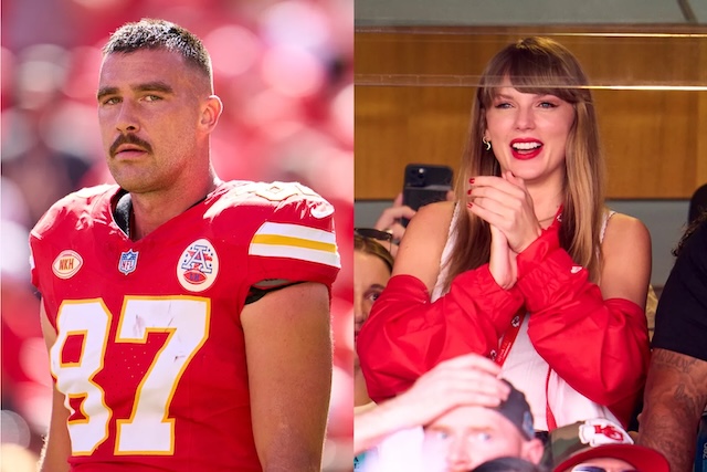 Travis Kelce, the Kansas City Chiefs tight end, catches the eye of Taylor Swift, who cheers enthusiastically from the stands—a scene that has sparked widespread media attention