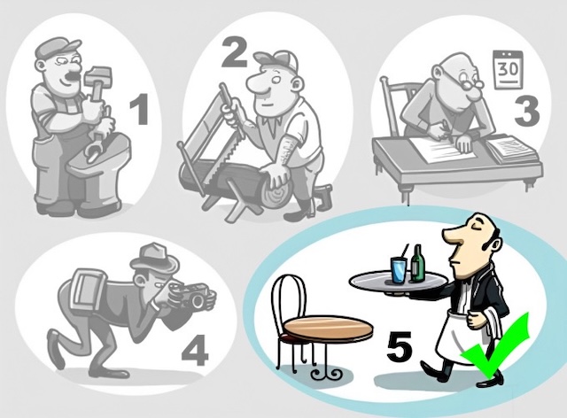 The answer is revealed! The waiter (Person 5) carries the tray with their non-dominant hand, hinting they are left-handed