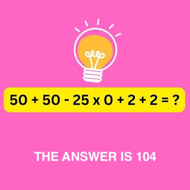 The answer is 104! Did you solve it correctly? This puzzle was all about following the order of operations!