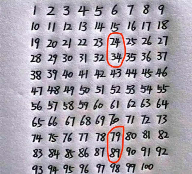 The numbers with mistakes are highlighted. The numbers 24, 34, 79, and 89 are marked, showing the repeated or misplaced numbers in the sequence