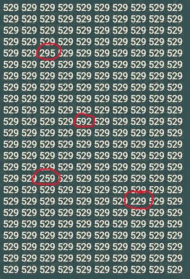 Found the different numbers? Highlighted here are 295, 592, 259, and 229 – did you get them all? Check your answers!