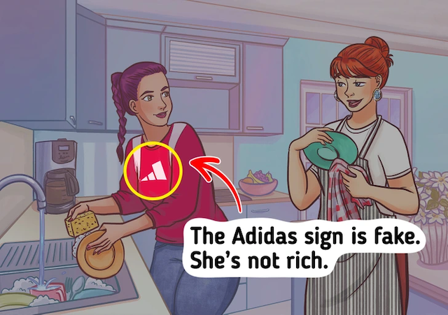 The Adidas logo on the red shirt gives it away – it’s a fake, and she’s not as rich as she appears!