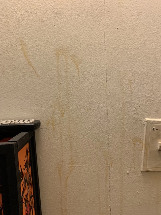 Stains and yellow streaks running vertically on a bathroom wall, near light switches, suggesting a humidity-related problem