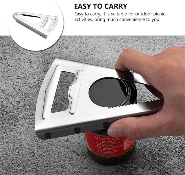 A compact and easy-to-carry stainless steel jar opener, perfect for outdoor picnics and home use, providing a solid grip on stubborn lids