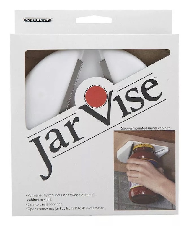 The Jar Vise by Weatherbee: an efficient tool that opens jar lids from 1" to 4" in diameter, mounted under a cabinet for easy access