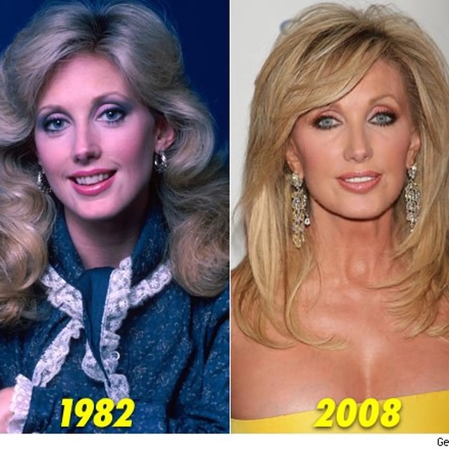 A stunning comparison from 1982 and 2008, illustrating how Morgan Fairchild's beauty has evolved over the years while maintaining her signature elegance and timeless charm