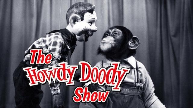 Howdy Doody sharing the screen with a curious chimpanzee, highlighting the playful and unpredictable moments that made the show a pioneer of children’s entertainment