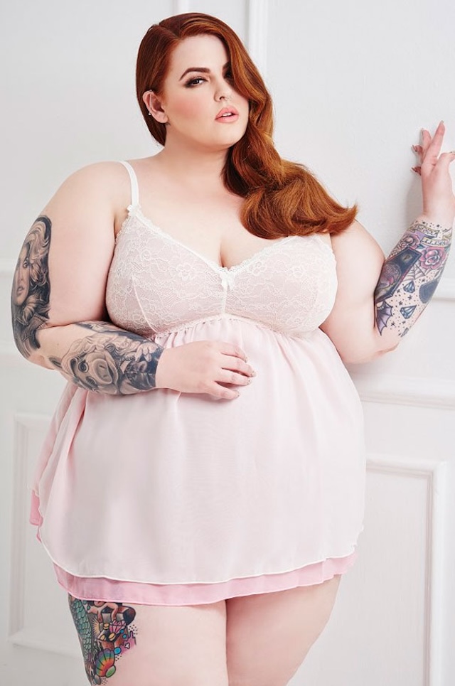 Tess Holliday poses in a chic lingerie look, embracing her full figure and sending a powerful message of body positivity