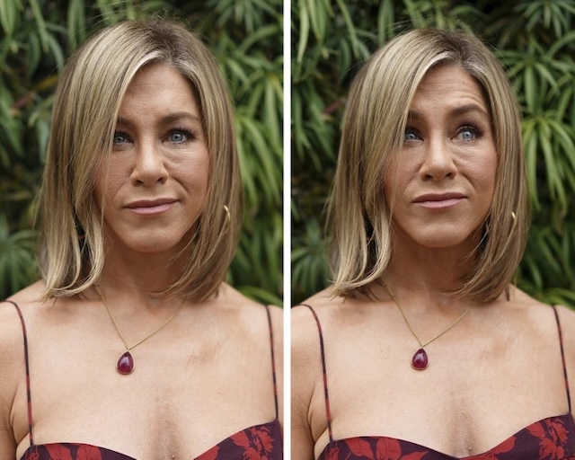 Side-by-side comparison of Jennifer Aniston's look with subtle changes, highlighting her ever-present elegance