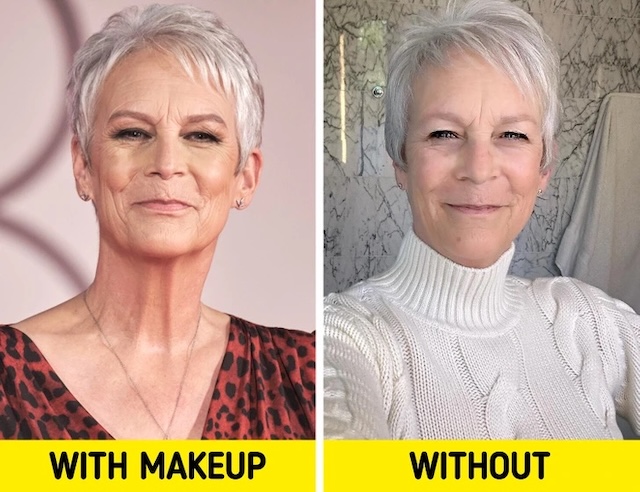 A comparison between Jamie Lee Curtis with makeup (left) and without makeup (right), embracing her natural look