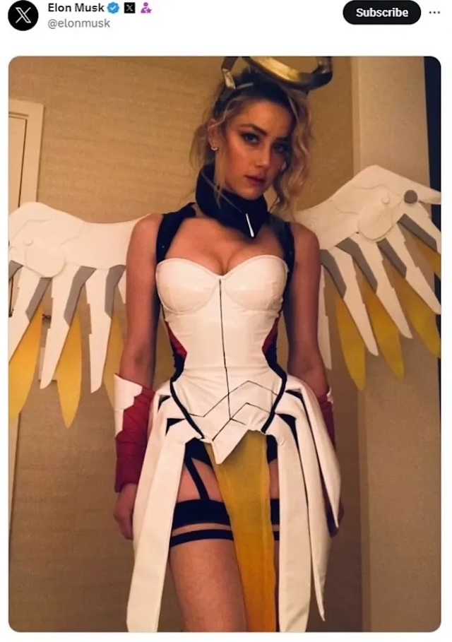 The photo that caused outrage: Amber Heard dressed as "Mercy" in a cosplay outfit, shared without consent