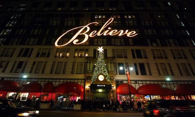 Macy's iconic holiday display with the "Believe" sign, ushering in the festive spirit with its dazzling Christmas tree