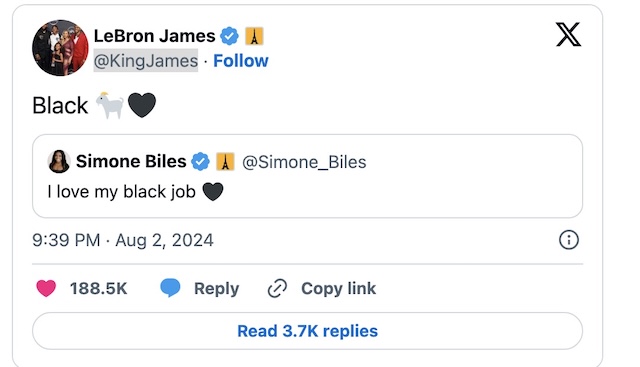 LeBron James tweets a heartfelt two-word tribute to Simone Biles, highlighting her legendary status and support for her achievements