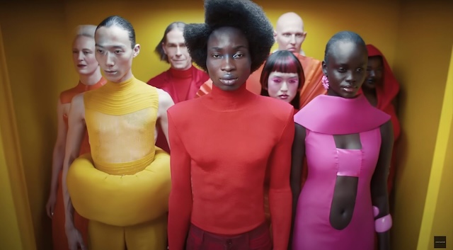 A dynamic scene from Jaguar's advertising, featuring avant-garde fashion and striking visuals that push boundaries, though often criticized for lacking focus